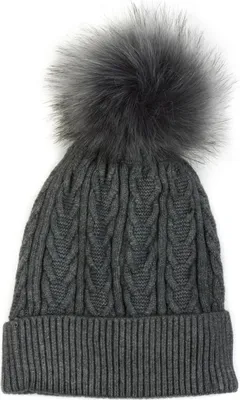 Produktbild von styleBREAKER Damen Feinstrick Bommelmütze mit Zopfmuster, Kunstfell Bommel Mütze, gefütterte Winter Strickmütze 04024100