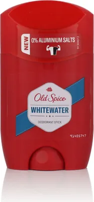 A red Old Spice Whitewater deodorant stick is shown against a white background.