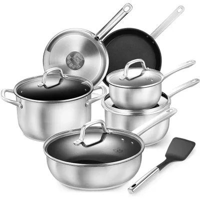 Produktbild von Topf- und Pfannenset - 10-teiliges Kochgeschirr - 304 Edelstahl - Glasdeckel - Bratpfanne, Kasserolle, Suppentopf - Dämpfeinsatz
