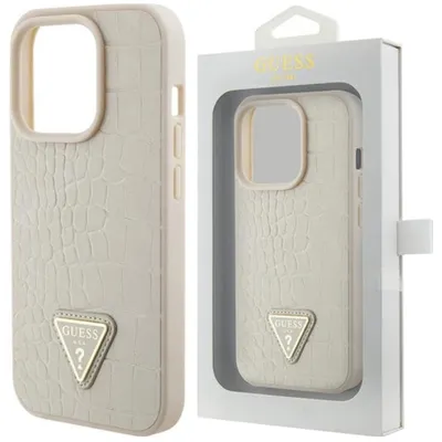 Zdjęcie produktu dla Etui Guess Croco Triangle Metal Logo do iPhone 15 Pro - złote