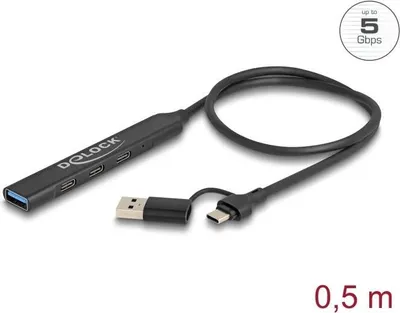 Produktbild von Delock 4 Port Slim USB Hub mit Type-C oder Typ-A zu 3 x 5 Gbps+ 1 (64272)