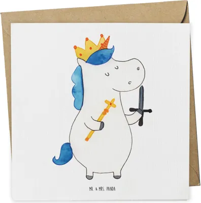 Produktbild von Mr. & Mrs. Panda Grußkarte Einhorn König mit Schwert - Weiß - Geschenk, Unicorn, doppelkarte, Glückwunschkarte, anlasskarte, Einhörner, Mittelalter, Ritter, Klappkarte