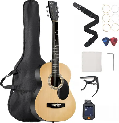 Zdjęcie produktu dla Gitara akustyczna VEVOR Dreadnought, 36 cali, 6-strunowa naturalna gitara z litym topem, przenośny zestaw z gig bagiem, tunerem, paskiem, stalowymi strunami, kostkami, kapo, palisandrową podstrunnicą, dla początkujących nastolatków o małych dłoniach