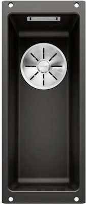 A top-down view of a black kitchen sink with a silver drain.