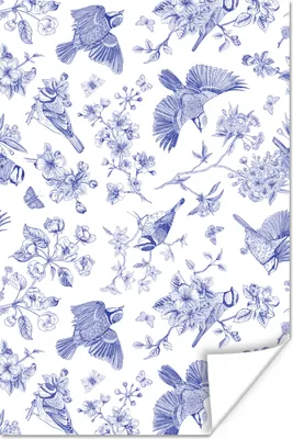 Produktbild von MuchoWow® Poster Vintage - Vogel - Blumen - Blau 40x60 cm - Plakate für die Wand - Poster Babyzimmer
