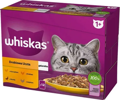 A box of Whiskas cat food with a picture of a cat and the product inside.