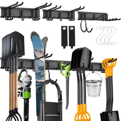 Produktbild von Wandhalterung Gartengeräte, 48 Zoll Garage Tool Organizer Wall Mount, Skihalterung Wand, Schwerlast Gerätehalter mit 9 Wallhalterung+4S Hooks für Gartengeräte, Ski, Besen, Rechenschaufelhalterung