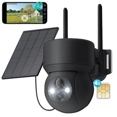 Image de 4G LTE Caméra de surveillance extérieure solaire avec carte SIM 2K HD PTZ Caméra sans fil Sans WLAN Extérieur Batterie Couleur Vision Nocturne Détection PIR