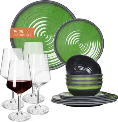 Obrázok produktu pre Melamínová súprava kempingového riadu 4 osoby Stone Green + 4 poháre na červené víno Milano Poháre na červené víno Riad Piknik BBQ riad