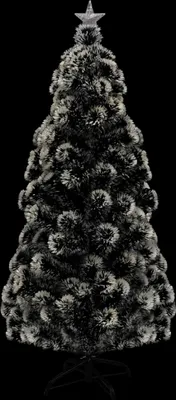 A black and silver fiber optic Christmas tree with a star on top, set against a black background.