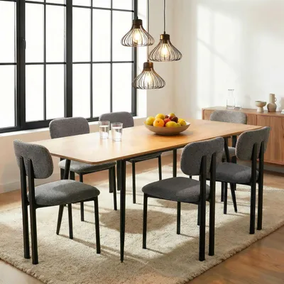 Produktbild von Essgruppe ORSA/FRANCA mit Tisch und 6 Stühlen, Eiche/Dunkelgrau - Esstisch ausziehbar 160-200 x 80 cm, Esszimmermöbel Set, ideal für Esszimmer und Küche [max. Belastbarkeit 120 kg]