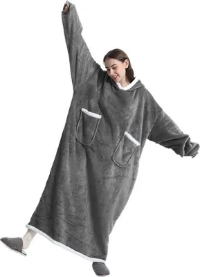 Produktbild von Unyqoos® Hoodiedecke mit Ärmeln & Kapuze, Oversized Kuscheldecke mit 2 Vordertaschen, Erwachsene, Grau, 80 x 180 cm