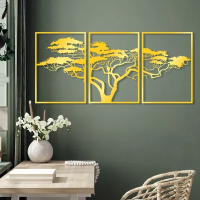 Immagine prodotto di Wallity, Albero triplo dorato 6, decorazione da parete, oro, metallo, 51 x 73 cm