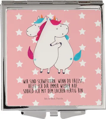 Produktbild von Mr. & Mrs. Panda Schminkspiegel Einhörner Umarmen - Rot Pastell - Geschenk, Familie, Liebe, Taschenspiegel klappbar, Kompaktspiegel, Unicorn, Kosmetikspiegel, Freundin