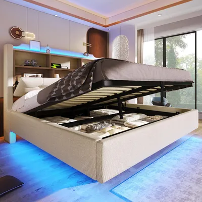 A modern bedroom with a bed featuring storage and LED lighting.