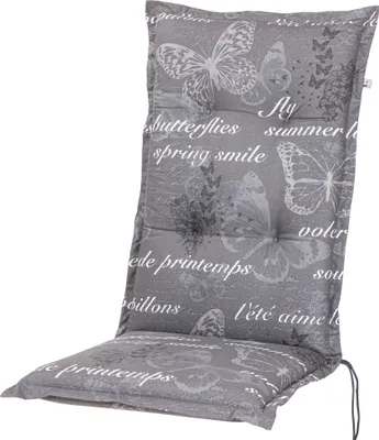 A gray chair cushion with a butterfly and text pattern, shown against a white background.