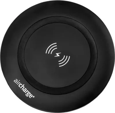 A black wireless charger with a charging symbol and brand name.