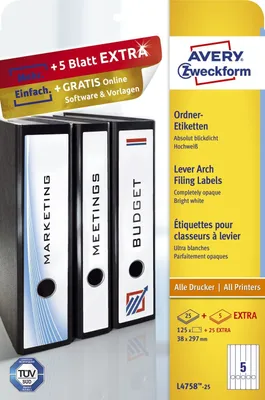 Zdjęcie produktu dla Avery L4758 - Aktenetiketten - weiß - 38 x 297 mm - 125 Stck. (25 Bogen x 5) - (L4758-25)