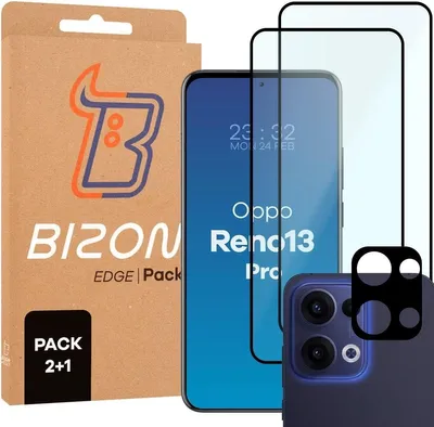 Produktbild von Bizon Edge 2 Pack 2x gehärtetes Glas + 1x Linsenschutz für Oppo Reno13