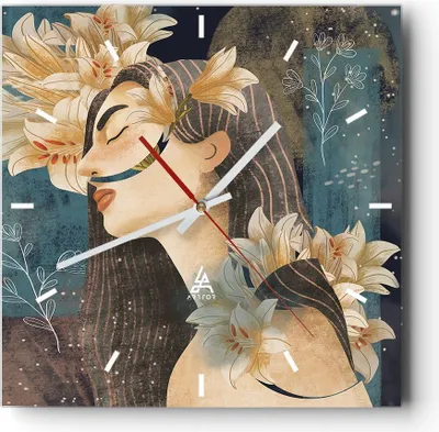 Produktbild von Wanduhr - Quadrat - Glasuhr - Surreal Frau Blumen - 40x40cm - Schleichendes Uhrwerk - Lautlos - zum Aufhängen bereit - Dekoration Modern - Wanddekoration aus Glas - C3AC40x40-4743