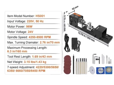Image de Tour à bois, taille mini, 7 réglages de vitesse, 4250-8500 tr/min