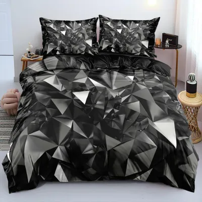 Productafbeelding van Bettenset 200x200 cm, microvezel, 3D geometrisch design, grijs/zwart, met rits, 2 kussenslopen 80x80 cm