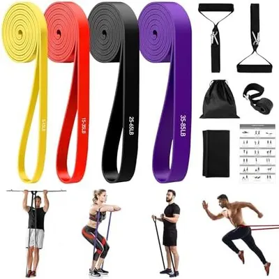Produktbild von Fitnessbänder mit 4 Widerstandsstufen, Resistance Bands Set mit Griffen, Türanker, Schutzhülle, Tragetasche und Trainingsanleitung, Widerstandsbänder für Fitness, Stretching, Yoga, Krafttrain