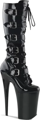 Produktbild von INFINITY-2049 Pleaser Damen Plateau High Heels Stiefel 6 Schnallen schwarz Lack