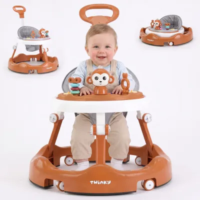 Imagen del producto de Ayudante para aprender a caminar Twinky® en color marrón: cochecitos para aprender a caminar con juego de accesorios para un aprendizaje seguro y divertido. Incluye alfombrilla para los pies y asa de apoyo, Imagen generada por IA