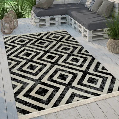 Produktbild von Moderner Outdoor Teppich Rauten-Muster Vintage-Look Flachgewebe Wetterfest Grösse 160 cm Rund