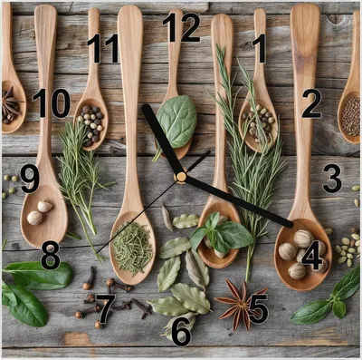 Produktbild von Wanduhr aus Glas mit Motiv Holzlöffel und Kräuter- 30 x 30 cm - inkl. Aufhängesystem