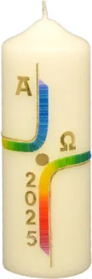 Produktbild von Osterkerze Kreuz Regenbogenfarben, A und O, Jahreszahl 140 x Ø 50 mm