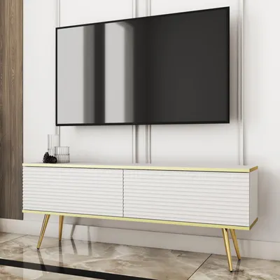 Obrázek produktu pro TV stolek FORNO, bílý, s reliéfní přední stranou, styl Glamour Art Deco, šířka 135 cm, zlaté nožky