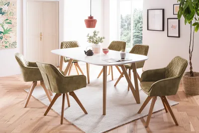 Produktbild von SalesFever Essgruppe 5-tlg. | 180 x 90 cm | Tisch MDF weiß matt + Eichengestell | 4x Drehstuhl Samtvelours + Stuhlbeine Buche | grün