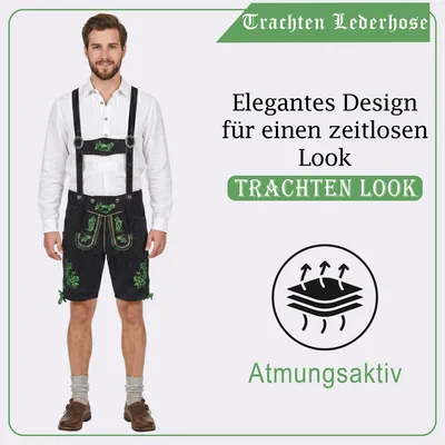 Produktbild von Kurze Trachten Lederhose mit Hosenträger Trachtenhose Schwarz mit Stickerei, Größe:60/4XL, Farbe:Grün