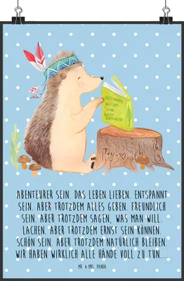 Produktbild von Mr. & Mrs. Panda Bild Igel Federschmuck DIN A1 - Blau Pastell - Geschenk, Tiere, Wanddekoration, Plakat, wanddeko, Abenteuer, Lagerfeuer, Camping, drucke, Wandbild