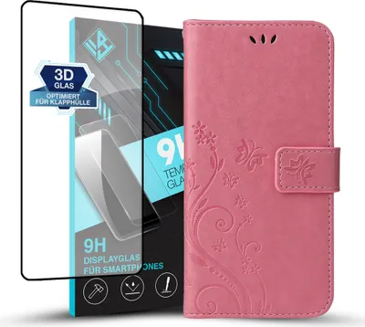 Produktbild von Handyhülle für Xiaomi 12 Pro mit 9H Displayglas Floral Blumen Schmetterling Flip Cover Hülle Case Klapphülle Handytasche Farbe: Rosegold