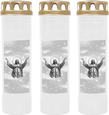 Produktbild von Grabkerze Weiß 3er Pack, Brenndauer: 170 Stunden ( je Kerze ), Motiv: Jesus