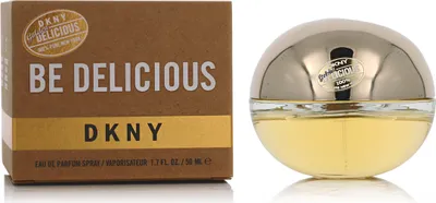 A product shot of DKNY Be Delicious Golden EDP perfume and its packaging.