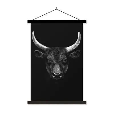 Produktbild von MuchoWow® Textilposter Tiere - Stier - Schwarz - Weiß - Porträt 40x60 cm mit schwarzem Rahmen - Wanddekorationen