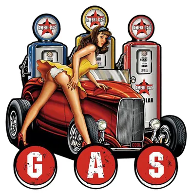 Immagine prodotto di Fabbrica di articoli in lamiera Braunschweig GmbH. Cartello in metallo XXL con immagine di una "pin-up". Stazione di servizio, serbatoio di benzina, auto "hot rod". Dimensioni: 38 x 38 cm. Codice prodotto: Pinup5