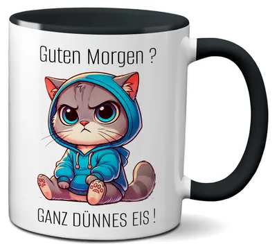 Produktbild von TassenKing - Tasse mit Spruch lustig Katze Morgenmuffel Guten Morgen? Ganz dünnes Eis! - Geschenk für alle Tierliebhaber und Kaffeegenießer (schwarz)