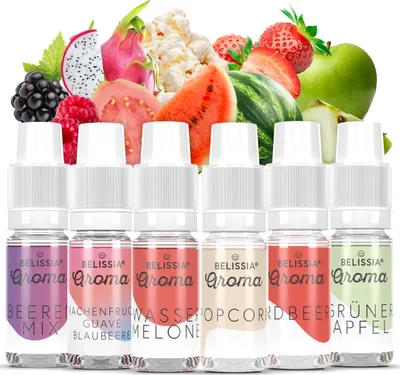 Produktbild von Belissia Lebensmittelaroma Set Best Of - 6x10ml Hochdosiertes Aroma - Kalorienfrei, Vegan - Für Speisen, Getränke, Shake, Quark, Nebelmaschine uvm.