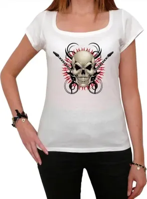 Produktbild von Damen Grafik T-Shirt Totenkopf mit Gitarren – Skull With Guitars – Öko-Verantwortlich Vintage Jahrgang Kurzarm Lustige Druck Geburtstag Geschenk Frau