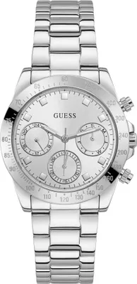 A studio shot of a silver Guess watch.
