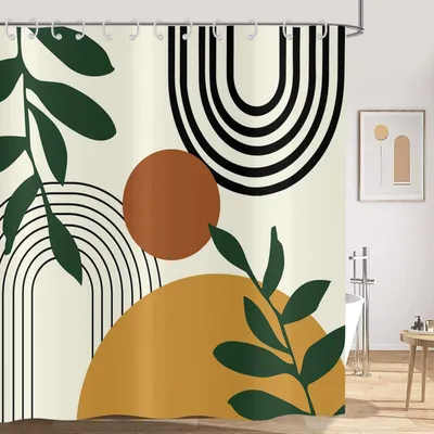 Produktbild von Boho-Duschvorhang 120x200, abstraktes Design der 1950er Jahre mit Bogen, Sonne, grünen Blättern und beigen Akzenten, modernes minimalistisches Design, wasserdichtes Polyester, waschbarer Duschvorhang