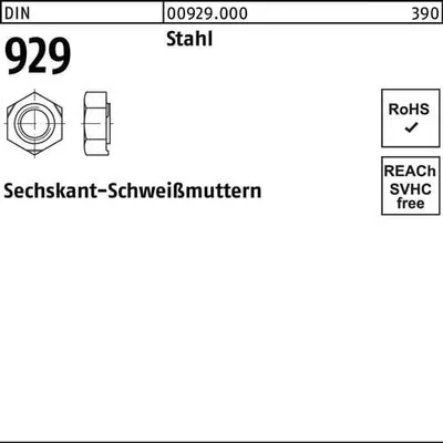 Produktbild von Reyher  929 6kt.Schweissmuttern M 10 Stahl (500 Stück)