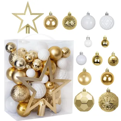 Weihnachtskugeln-Set, 50 Stück, Gold-Weiß, Kunststoff, unzerbrechlich