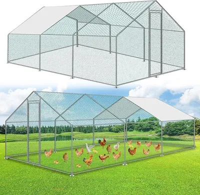 Obrázek produktu pro Kurník s voliérou, rozměry 3x6x2 metry. Ohrada pro drůbež z pozinkované oceli. Kurník s dveřmi a závorou. Stáje pro drůbež, vhodné pro slepice, králíky, husy, holuby a křepelky. Kovová ohrada s sítí
