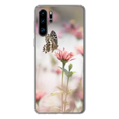 Produktbild von MuchoWow® Handyhülle Schutzhülle Hülle für Huawei P30 Pro Schmetterling - Blume - Rosa Silikon Softcase Handy Hülle - Schutzdeckel